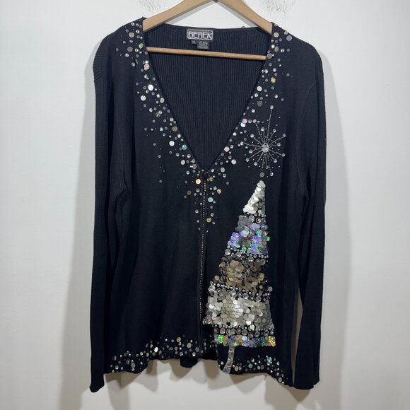 VTG Bedazzled Sequin Holiday Christmas Tree Zip Sweater Cardigan Womens 1XL - Picture 1 of 7